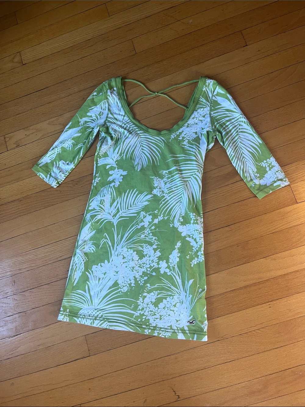 Hollister Light Green Tropical-Print Mini Dress with Crisscross Back Straps